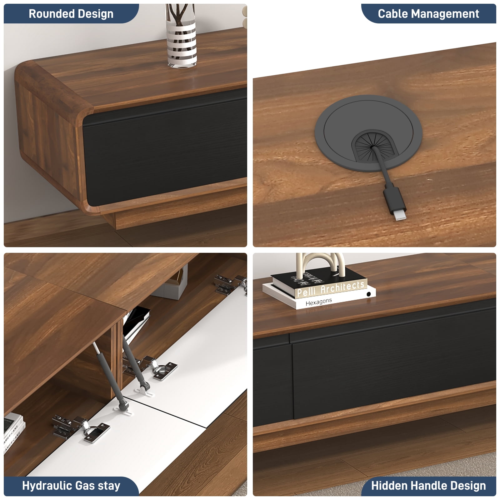 Blotout 94.5''Minimalist Floating TV Stand, Modern Wall-Mounted Media Console with 4 Drawers for Wall-mounted TV Up to 110'', Walnut & Black