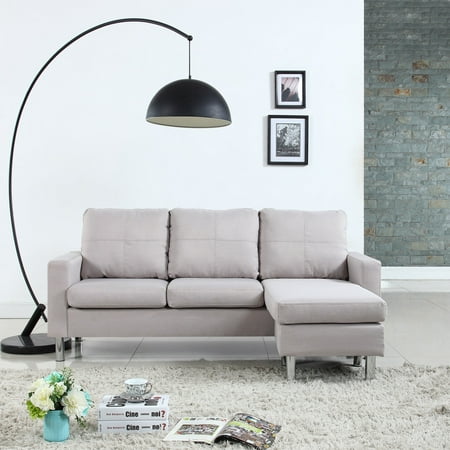 L Shape Sofa Leather Modern Small Space Configurable Couch in Bonded Leather, Linen, Microfiber Upholstery, Beige ()