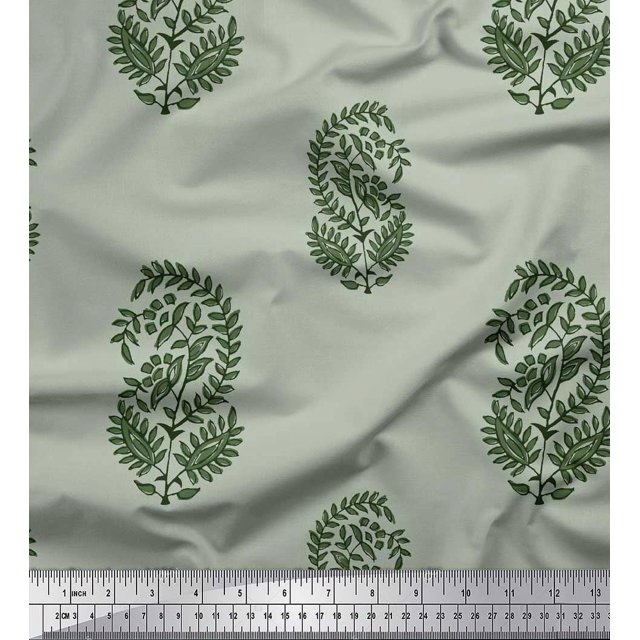 Soimoi Silk Fabric Leaves Block Printed Fabric 1 Yard 42 Inch Wide