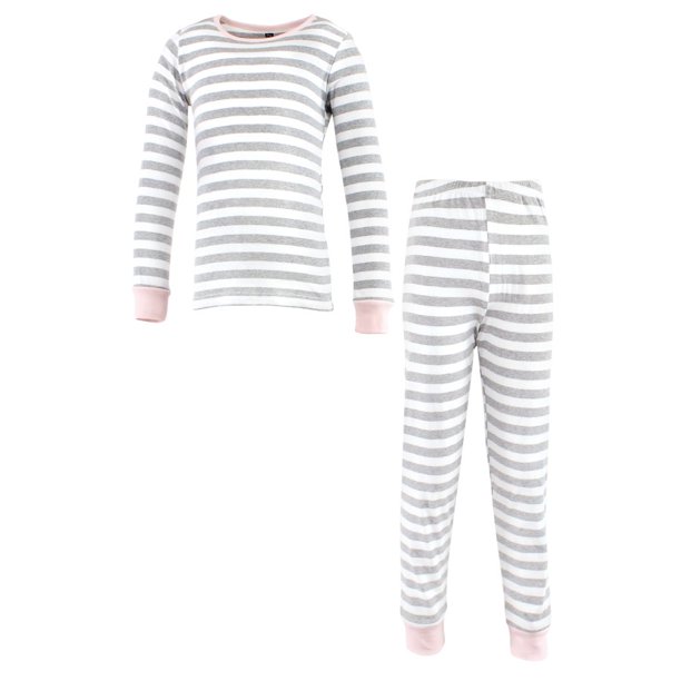 Hudson Baby Child Girl Cotton Pajama Set, Gray Stripe Pink, 6 Years