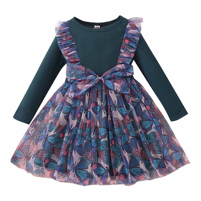 Vestido Para Niñas, Ropa Para Niñas Pequeñas, Primavera Otoño, Vestido De Manga Larga Con Lazo De Malla De Flores Para Niños Pequeños, Vestido De Princesa Verde Odeerbi LM103-7397