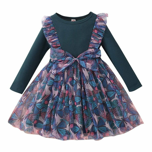 Vestido Para Niñas, Ropa Para Niñas Pequeñas, Primavera Otoño, Vestido De Manga Larga Con Lazo De Malla De Flores Para Niños Pequeños, Vestido De Princesa Verde Odeerbi LM103-7398