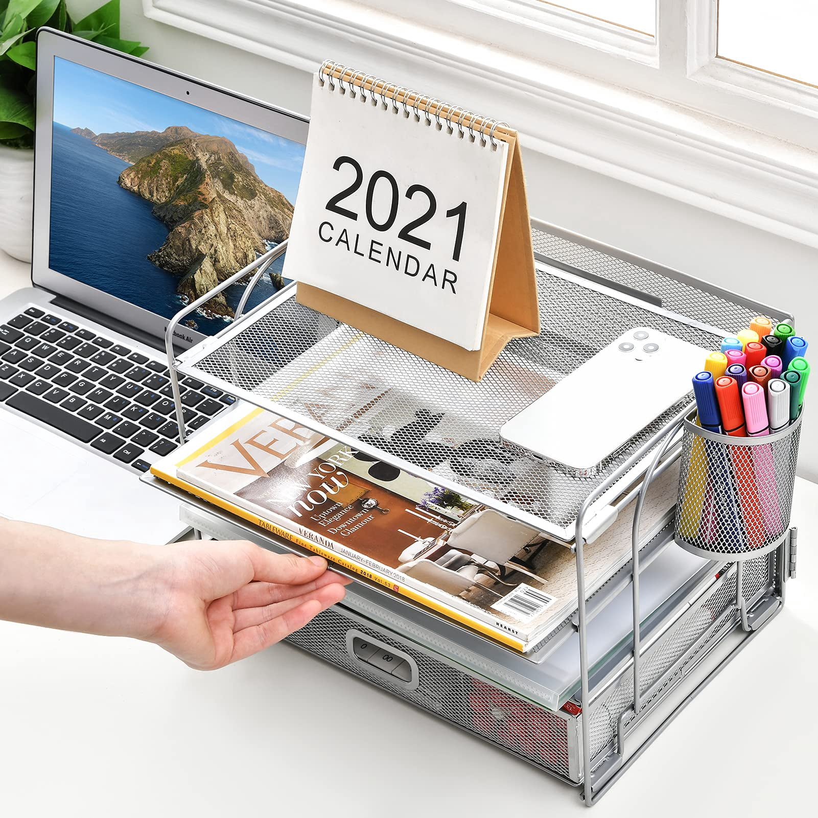 Marbrasse 4-Trays Desktop File Organizer with Pen Holder | Paper Letter Tray with Drawer and 2 Pen Holder | Mesh Office Supplies Desk Organizer for Home Office (Silver)