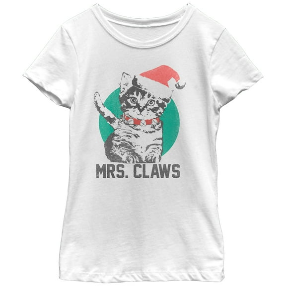 Girl's Lost Gods Christmas Kitten Mrs. Claws  Graphic Tee White Medium
