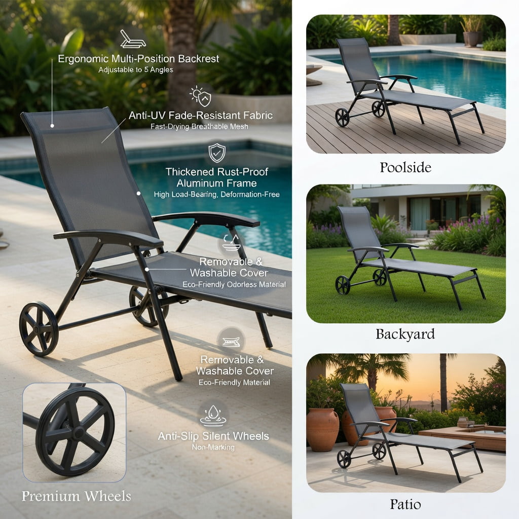 Hommoo Adjustable Outdoor Lounge Chair with Wheels, Aluminum Patio Recliner with Neck Pillow & 7-Position Backrest for Backyard, Poolside & Deck, Gray