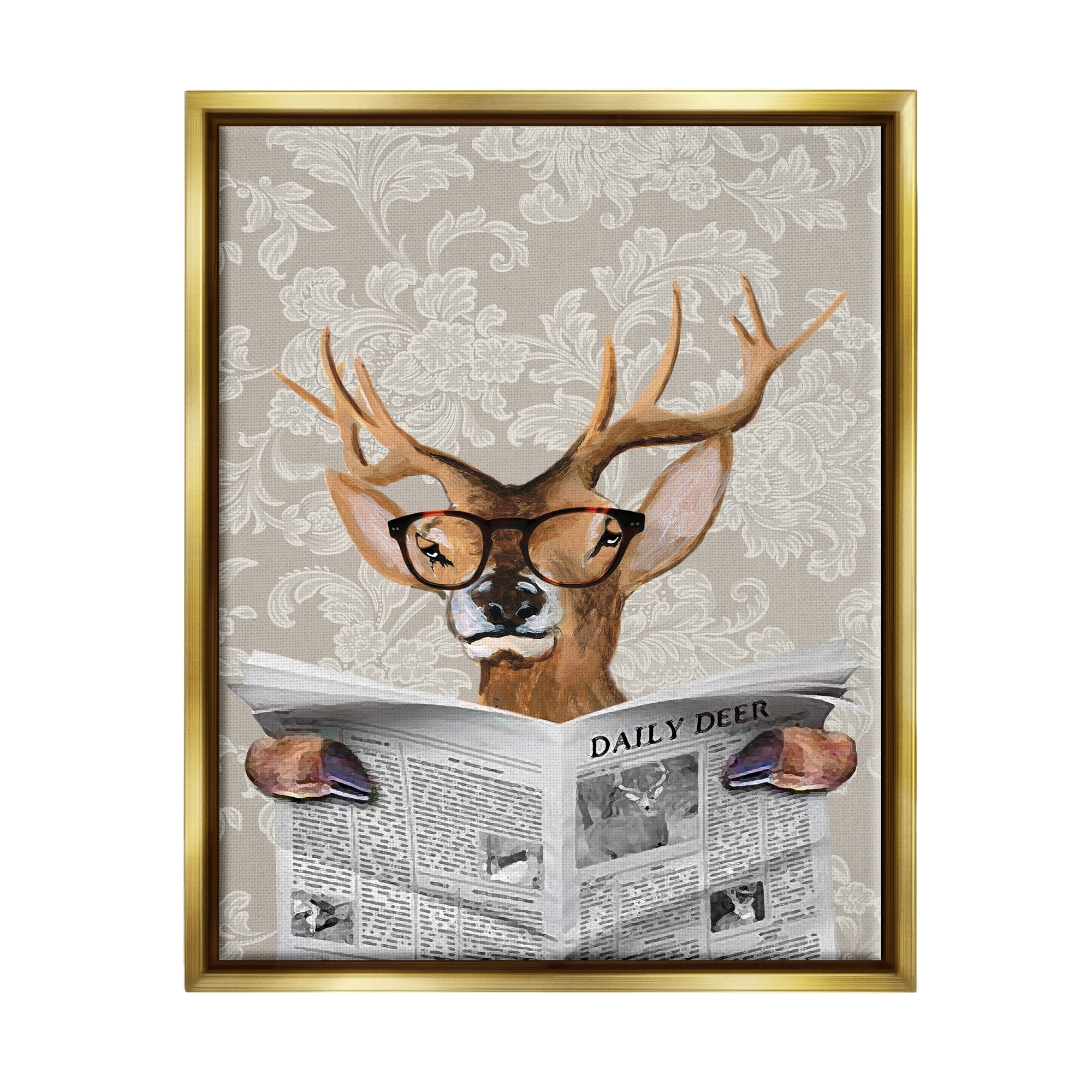 Stupell Industries Deer Reading Newspaper With Big Glasses Metallic Gold Framed Floating Canvas Wall Art, 24x30, by Coco de Paris