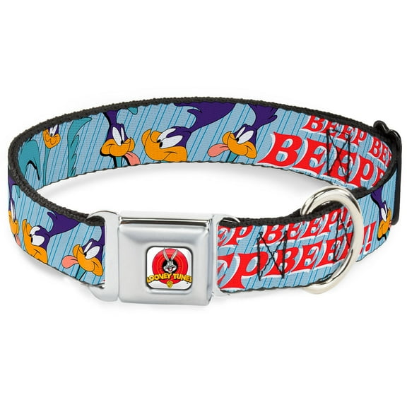 Looney Tunes Pet Collar, Dog Collar Metal Seatbelt Buckle, Meep Meep Road Runner Poses Baby Blue, 13 to 17 Inches 1.5 Inch Wide