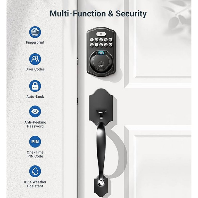 Smart Keyless Entry Door Lock – Fingerprint, Keypad, Bluetooth & Key Access, Easy Install, Matte Black, Weather Resistant