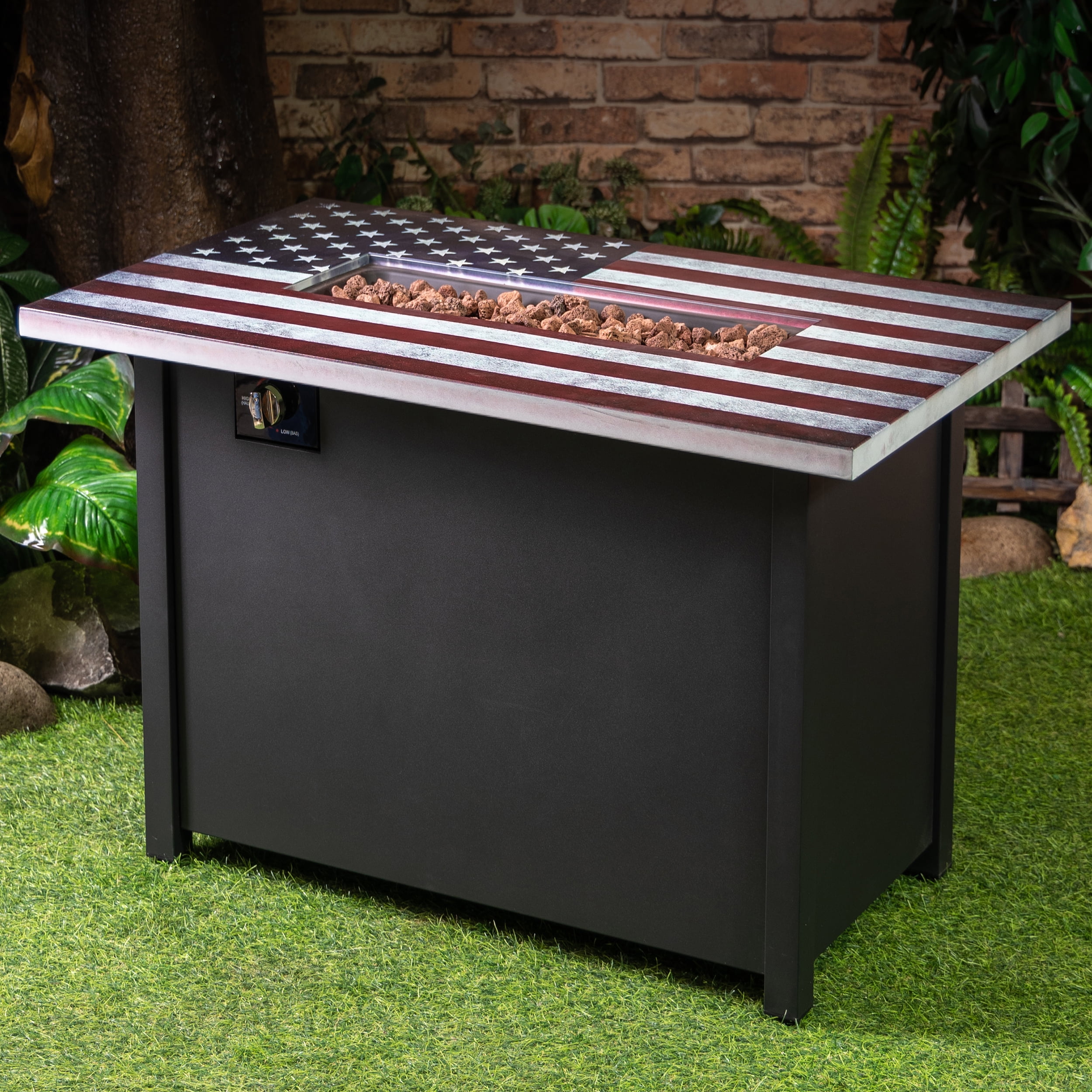 Deko Living 40 Inch Rectangular Commemorative Outdoor Propane Gas Fire Pit Table 50,000 BTU Propane with Lava Rock Filler