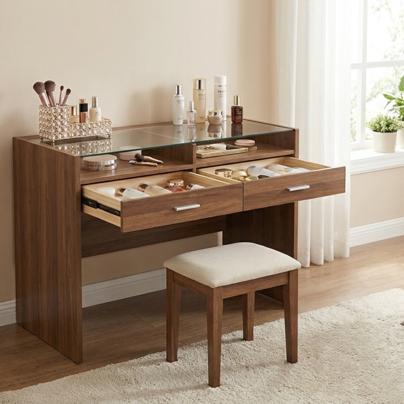 Furnibear Bamboo Makeup Vanity Table with Stool and 360-Degree Rotating Mirror for the Bedroom Makeup Room, Natural
