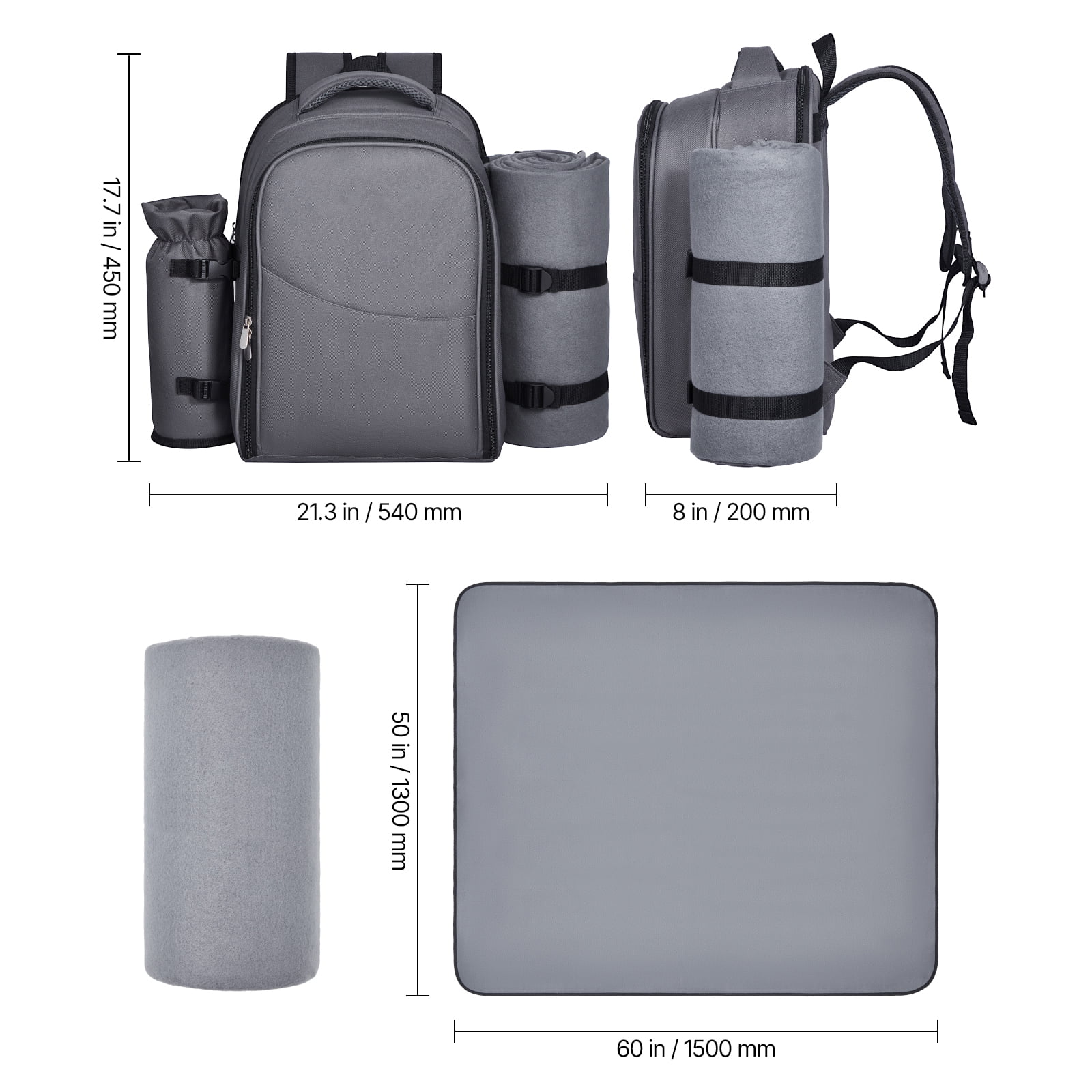 KFFKFF Picnic Backpack with Insulated Cooler, 2-Person Bag Featuring Detachable Bottle Holder, Lightweight Blanket, Plates, and Cutlery Set for Outdoor Activities, Grey