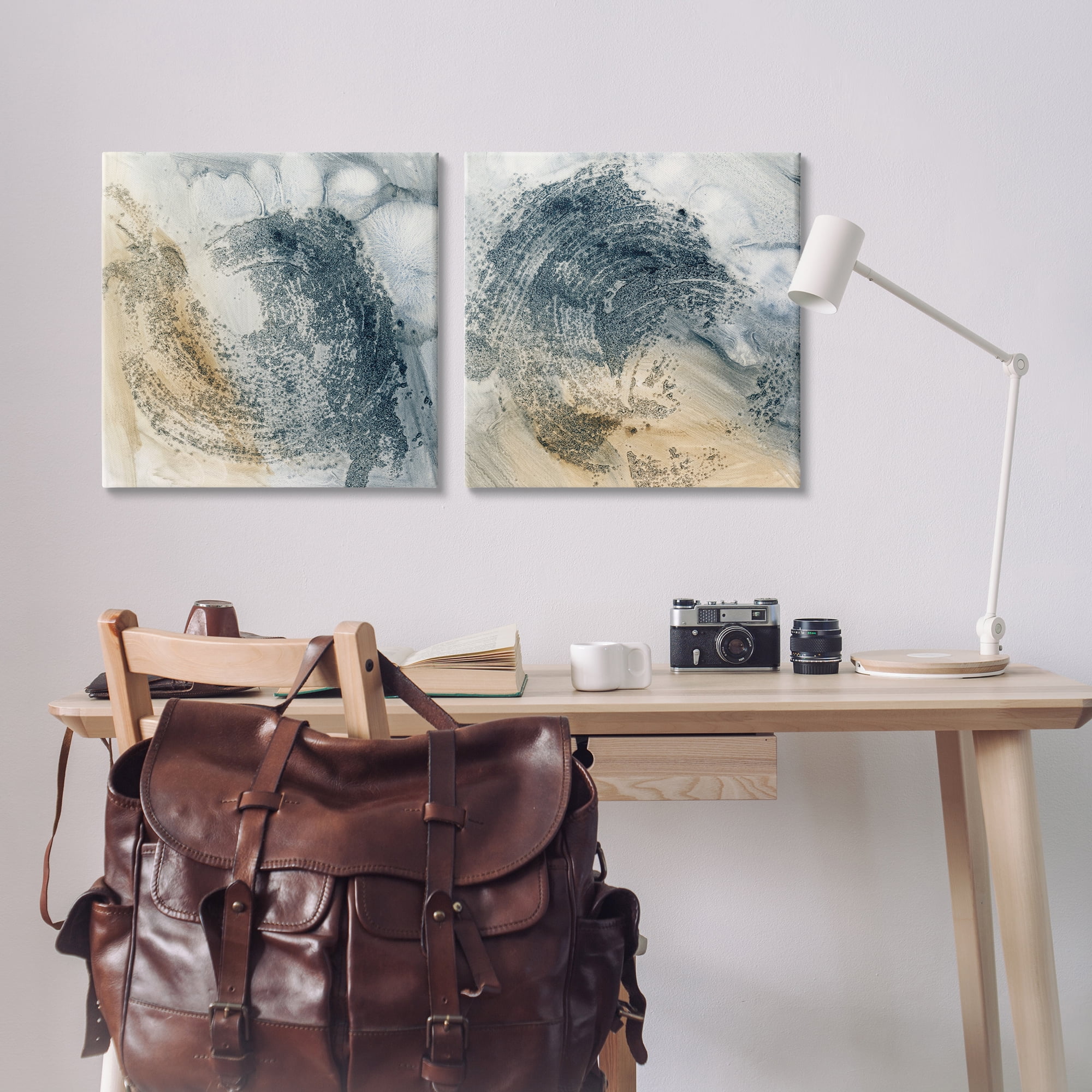 Stupell Industries Abstract Beige Blue Wave Abstract Painting Wrapped Canvas Art Print Wall Art, 24 x 24, Set of 2