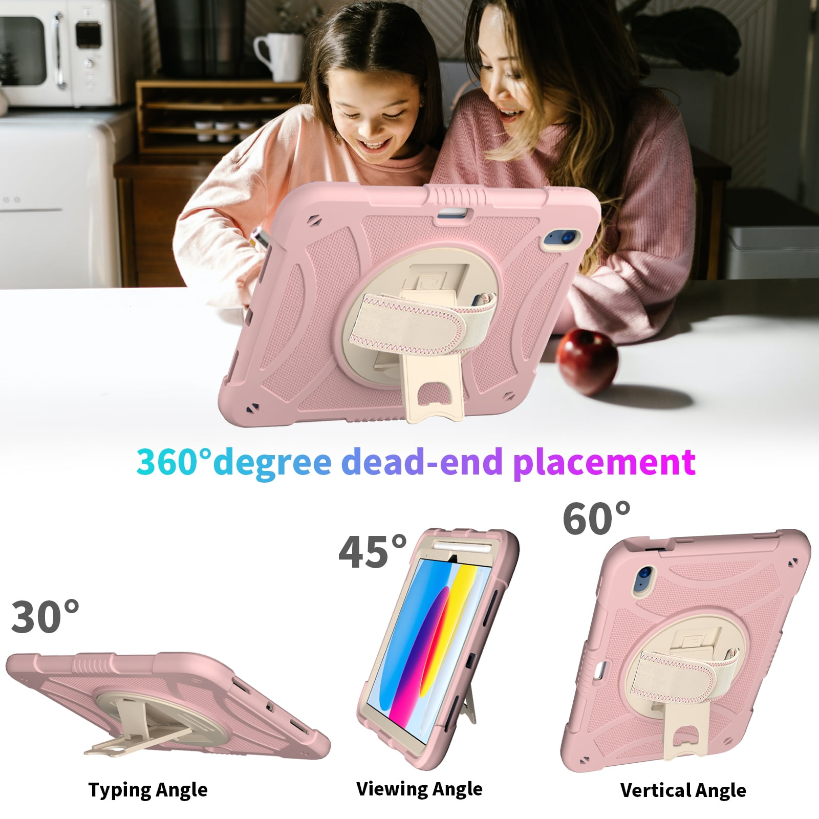 kids Case for iPad (A16) 11th Generation 11 Inch (2025), iPad 10th Generation 10.9 Inch (2022) Case, Military Grade Drop Protection with Hand/Shoulder Strap Rotating Stand Pencil Holder, Rosegold