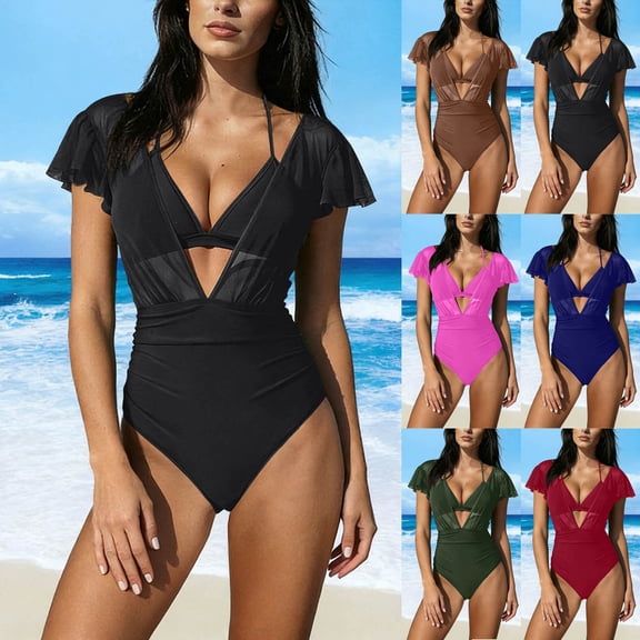purcolt Womens One-Piece Swimsuit Mesh Ruffle Bathing Suit Slimming Tummy Control Beach Modest Swimwear