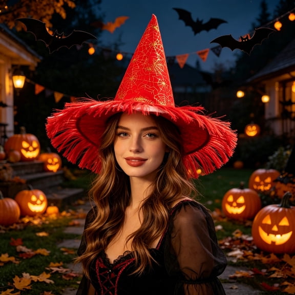 Halloween Witch Hat Costume, Black Pointed Wizard Hat With Gold Print Fringe Trim For Adults Kids Role Play Party Outfit, Gothic Halloween Dress Up Accessory For Hau*nted Hous Festival Events