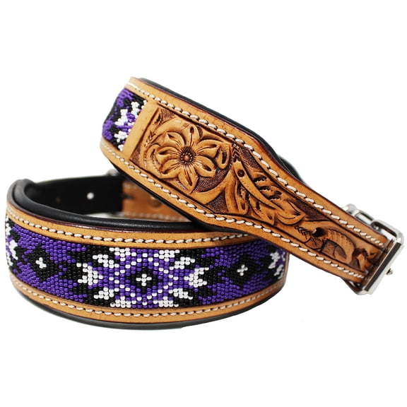Medium 17''- 21'' Padded Leather Dog Collar Beaded Floral Hand Tooled 60178