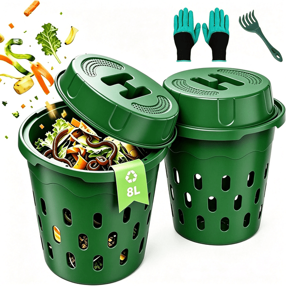NORIZF 2-Pack Inground Worm Composter,8L Underground Worm Farm with Aeration&Animal-Proof Lid,Food Waste Recycler for Garden Beds,Easy for Beginners,Green