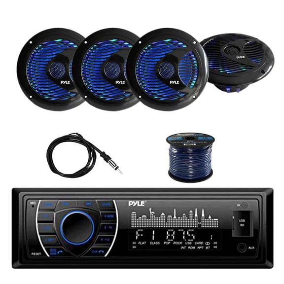 PYLE PLRMR27BTB Marine Bluetooth Receiver Stereo with Pyle PLMR6LEB 6.5'' WP Marine Dual SPKR w/Built-in Multi-Color LED lights(2-Pairs), Enrock EKMR2 Marine Antenna & Enrock Marine 50' 16G SPKR Wire