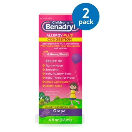 (2 Pack) Children's Benadryl Allergy Plus Congestion Liquid, Grape, 4 fl. (Best Medicine For Sinus Congestion And Runny Nose)