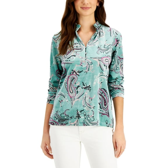 Charter Club Velvet Paisley Print Blouse Porcelain Green Combo 2XL