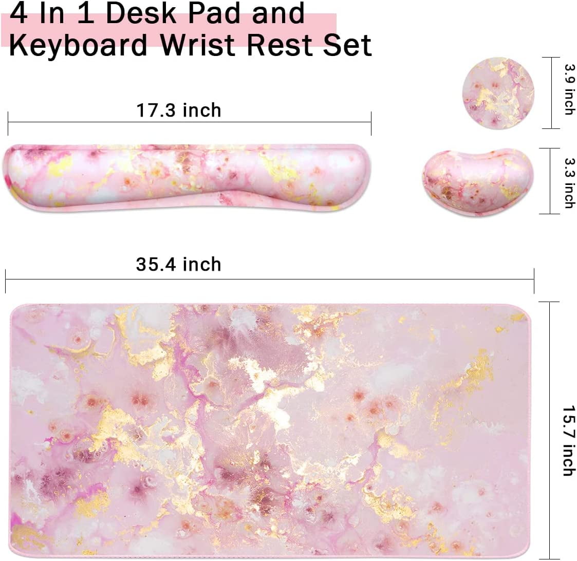 4-in-1 Large Gaming Mouse Pad, Keyboard Wrist Rest Pad & Support Mousepad Set, Extended Desk Waterproof Mat for Home Office Study Game-Pink Gold Marble