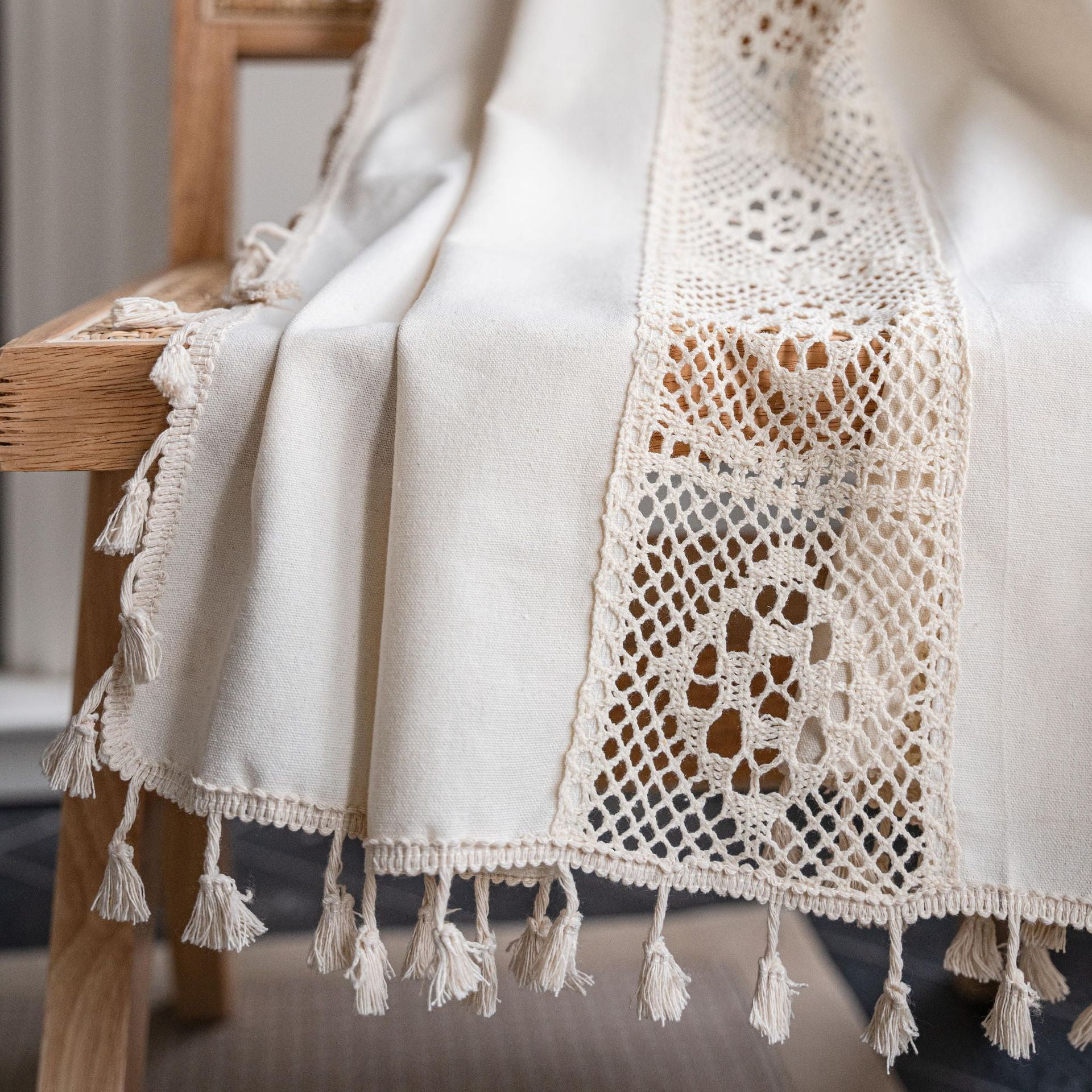 Firefly Hope Farmhouse Semi-Blackout Curtain Panels, Cotton Linen Blend with Vintage Tassel Trim & Hollow Pattern, Rod Pocket Drape for Bedroom, Living Room & Patio（1 Panel，51.1*59in,A64）