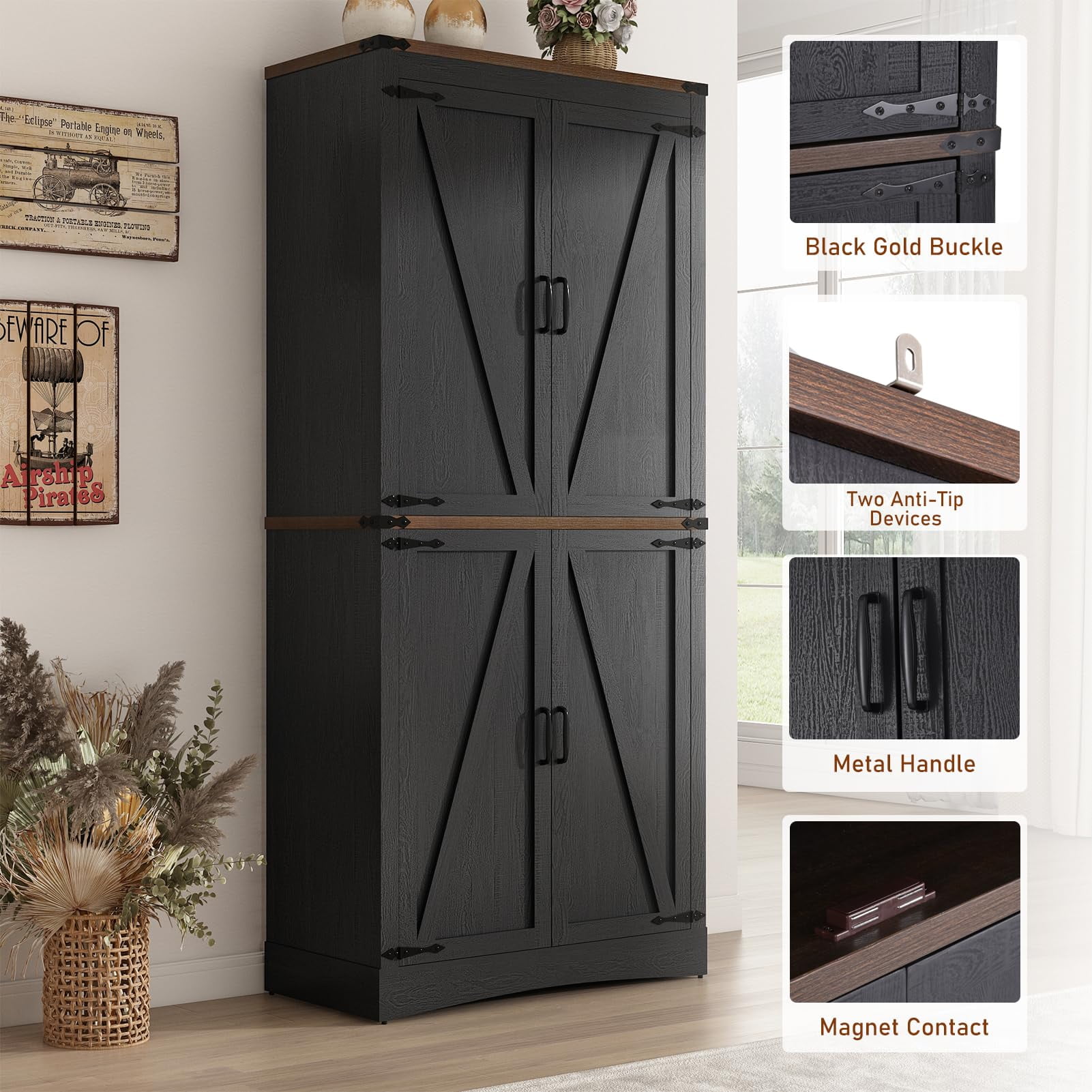71" Tall Farmhouse Kitchen Pantry Storage Cabinet, 5 Layers Storage Cabinet with Adjustable Shelves, Pantry Cabinet with 4 Barn Doors for Kitchen, Dining Room, Bathroom, Living Room, Rustic Black