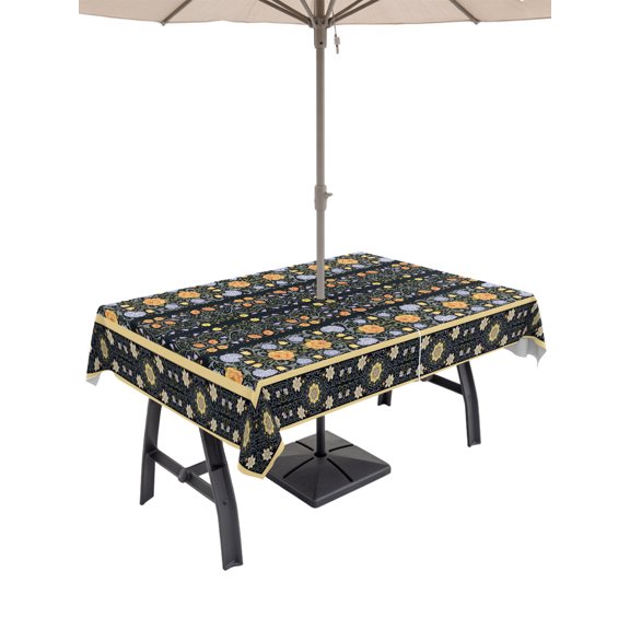 52x70 Inch Outdoor Tablecloth with Umbrella Hole Zipper Rectangle Colorful Boho Floral Rectangular Tablecloths Outside Waterproof Black Ethnic Tribe Botanical Patio Table Cloth Cover for Picnic Party
