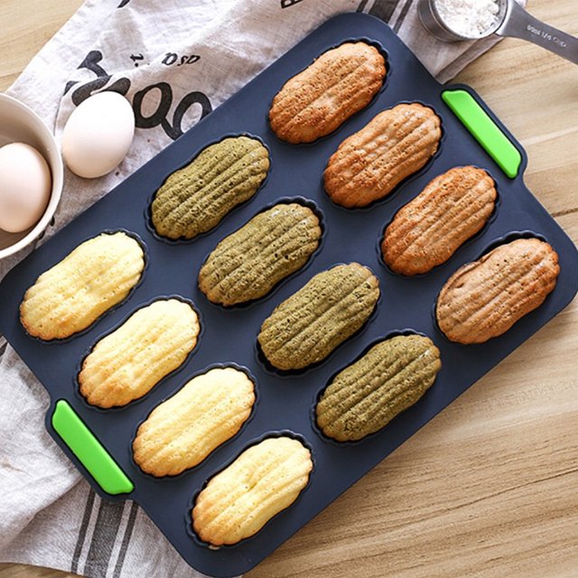 Billuyoard 12 rejillas molde Madeleine silicona antiadherente bandeja para hornear pasteles microondas bandeja para hornear con orejas portátiles Herramientas y accesorios para hornear gris oscuro Billuyoard HA8482-01B