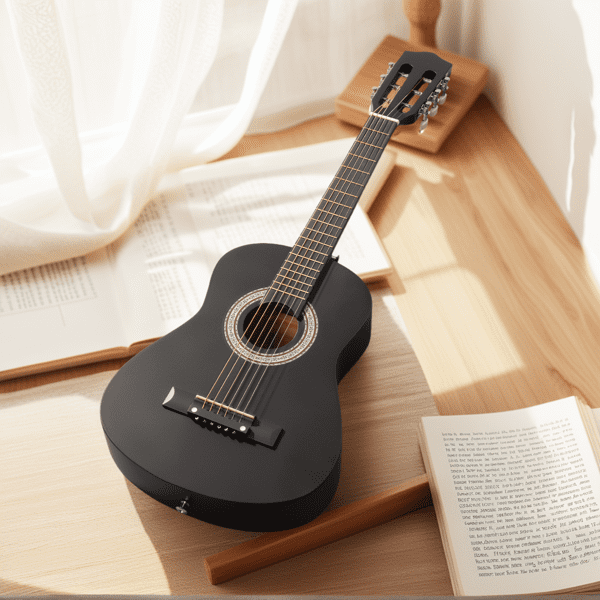 30in Round Acoustic Guitar with Picks, Strings, Capo, Case, Tuner, and Strap (Matte Black)
