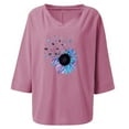 thumbnail image 5 of IROINNID Reduced Womens Plus Size Tops Sunflower Printed T-shirt Cotton Hemp 3/4 Sleeves Blouse Round Neck Lounge Tops,Pink, 5 of 5