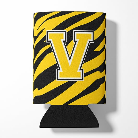 Letter V Initial Tiger Stripe - Black Gold Can or Bottle Hugger