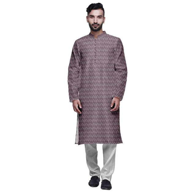 Atasi Kurta Long Indien en Satin Modal Imprimé pour Homme avec Ensemble de Pyjama Churidar Blanc