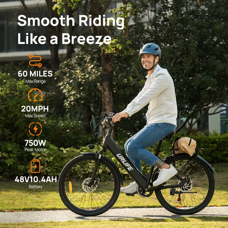 Electric Bike for Adults 26" Step-Through, Electric Commuter Bikes with 48V10.4Ah Removable Battery, 750W Peak Motor, Electric Cruiser Bike with 60-Mile Max & 20MPH, Front Suspension &7-Speed-BLACK