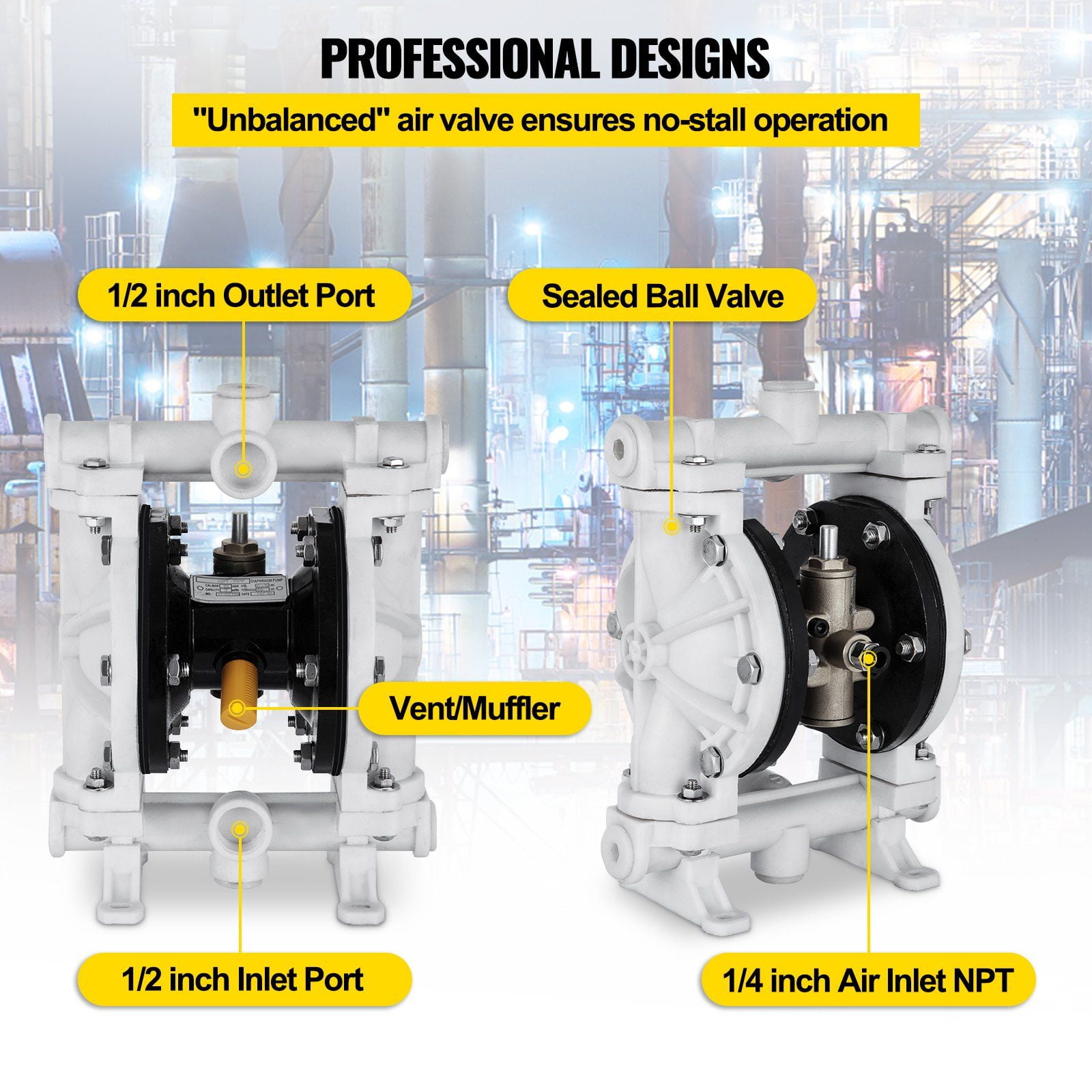 PTFE Diaphragm Pneumatic Pump, 1/2 Inch Inlet & Outlet, Polypropylene Body, 2.5 GPM Flow, 80 PSI, for Diesel, Oil & Low Viscosity Fluid Transfer