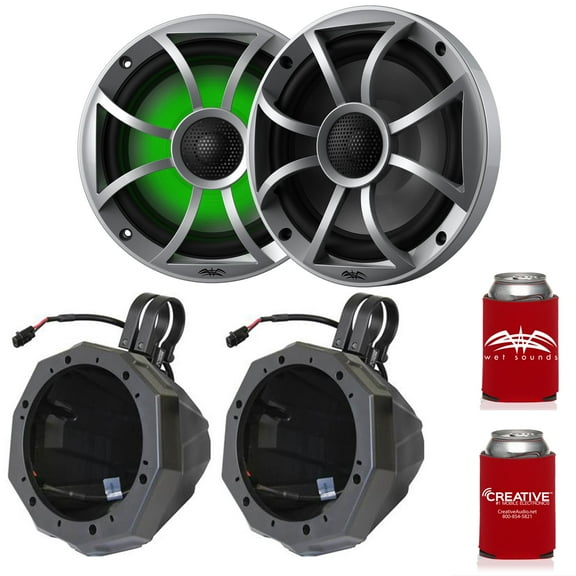 Wet Sounds RECON 6-S RGB 6.5" Silver Grill RGB Marine Speakers with US2-C65U-150 Black Speaker Pod with 1.50" Roll Bar Clamps