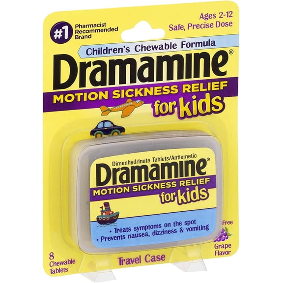 Dramamine Motion Sickness Relief for Kids Travel Case, Grape, 8ct, 3-Pack