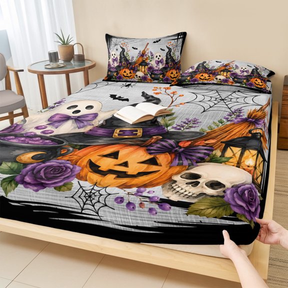 Twin XL Size Fitted Sheet Set - Halloween 2 Piece Bedding Sets 16" Deep Pocket Fitted Sheet with 1 Pillowcases, Spooky Ghost Pumpkins Floral Bats Witch Hat Gray Brushed Microfiber Hotel Bed Sheets
