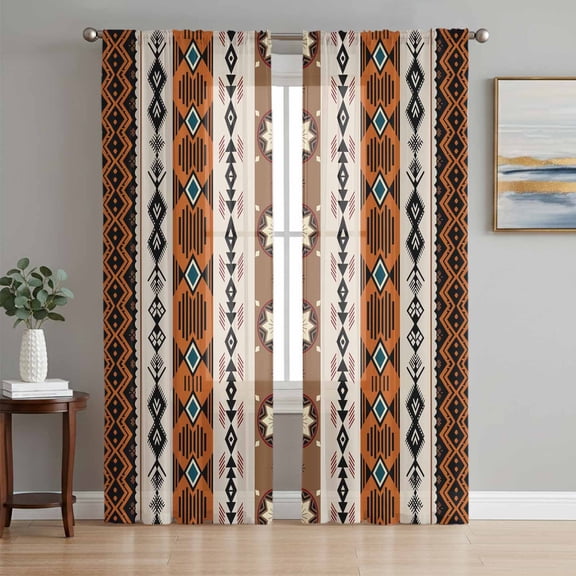 Sheer Curtains 84 Inches Long 2 Panels Set for Living Room, Brown Beige Boho Semi Sheer Curtains for Windows, Vintage Ethnic Tribe Abstract Art Retro Voile Window Treatments Rod Pocket Curtain
