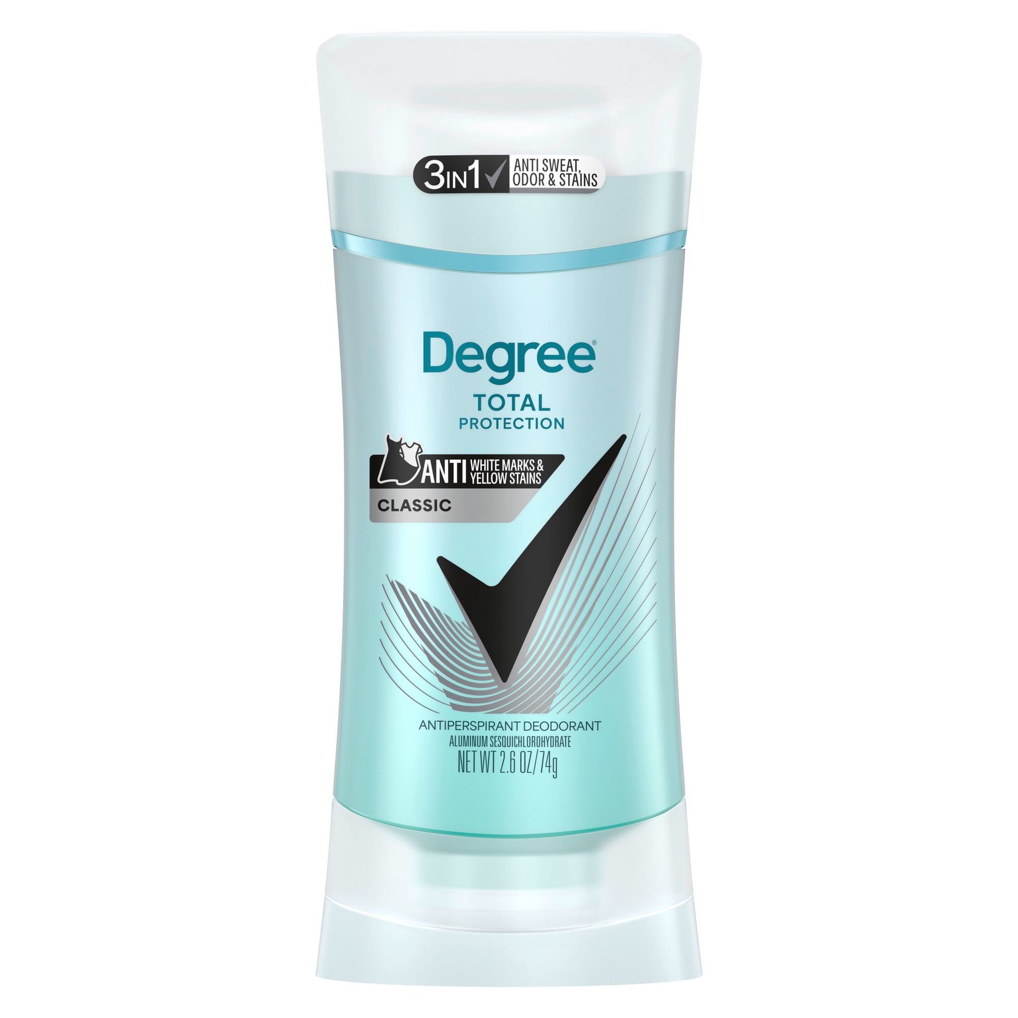Degree 3in1 Total Protection Antiperspirant Deodorant for Women Anti Sweat, Odor and Stains Classic 72-Hour Sweat and Odor Protection, 2.6 oz
