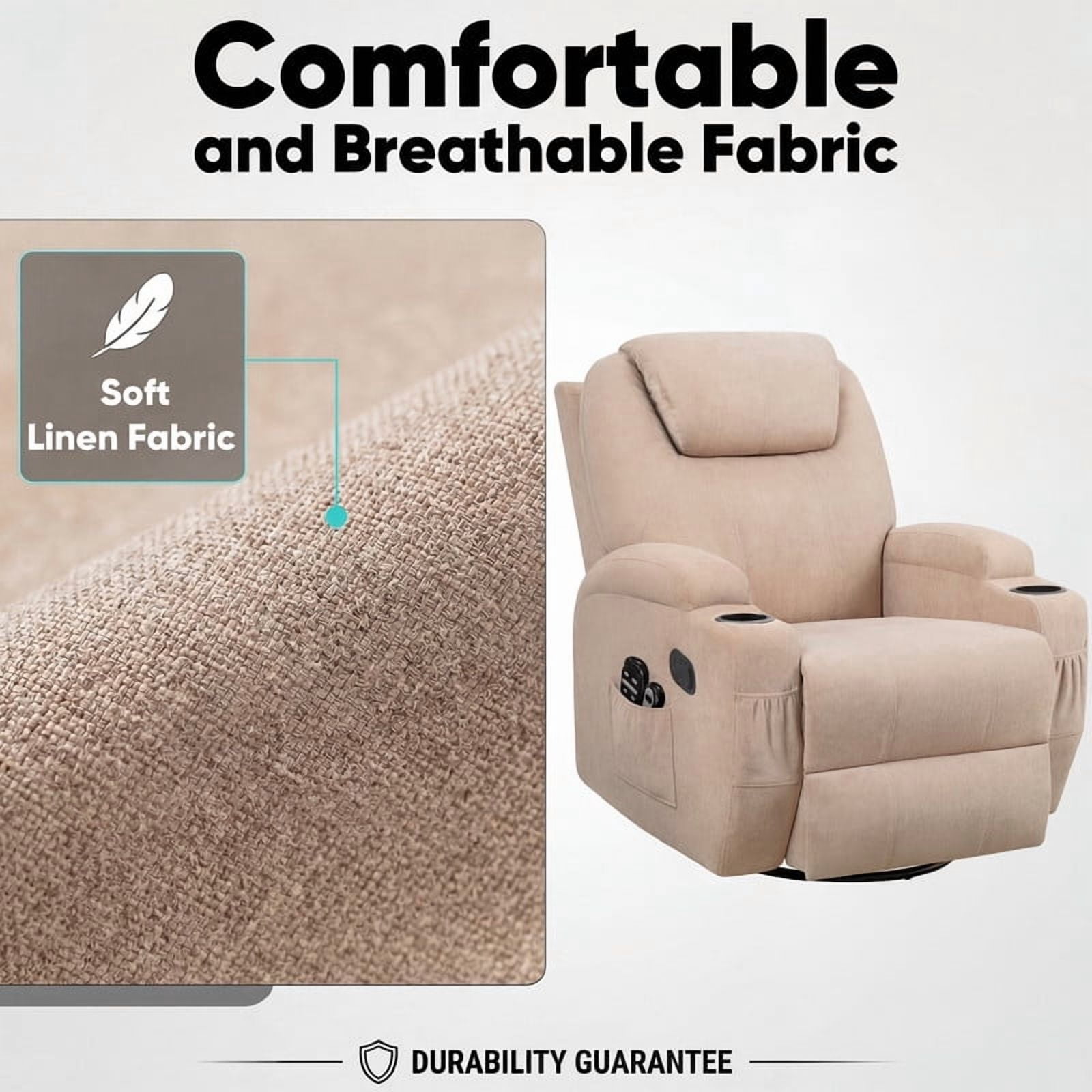 Lacoo PU Leather Swivel Rocker Recliner with Massage for Living Room Small Spaces Lounge Recliner Chair with Side Pockets for Adults,Linen Beige