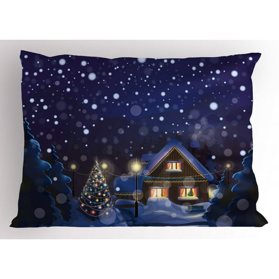 Christmas Pillow Sham Winter Night Country Landscape with Little House Among Pine Trees and Snow, Decorative Standard Queen Size Printed Pillowcase, 30 X 20 Inches, Navy Blue Yellow, by Ambesonne
