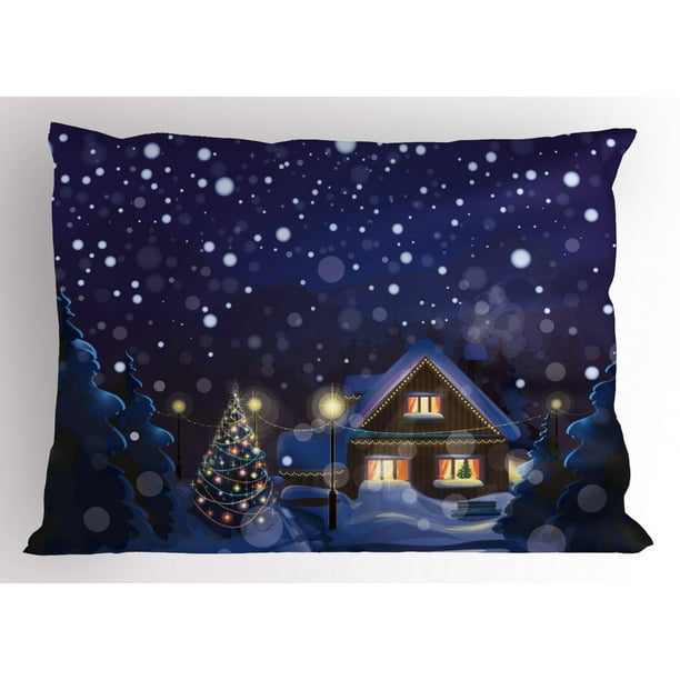 Christmas Pillow Sham Winter Night Country Landscape with Little House
