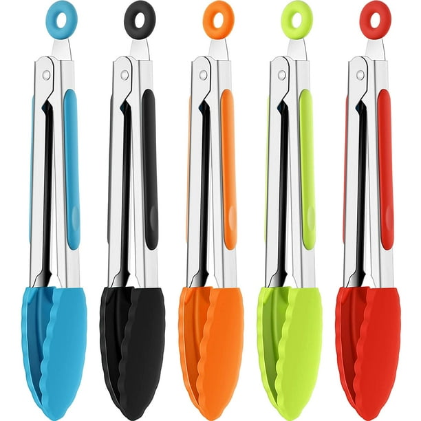 5 piezas de pinzas mini de silicona de 7 pulgadas, pinzas de cocina pequeñas para servir con puntas de silicona, suministros para fiestas de Navidad para ensaladas, asar, freír y cocinar (múltiples)