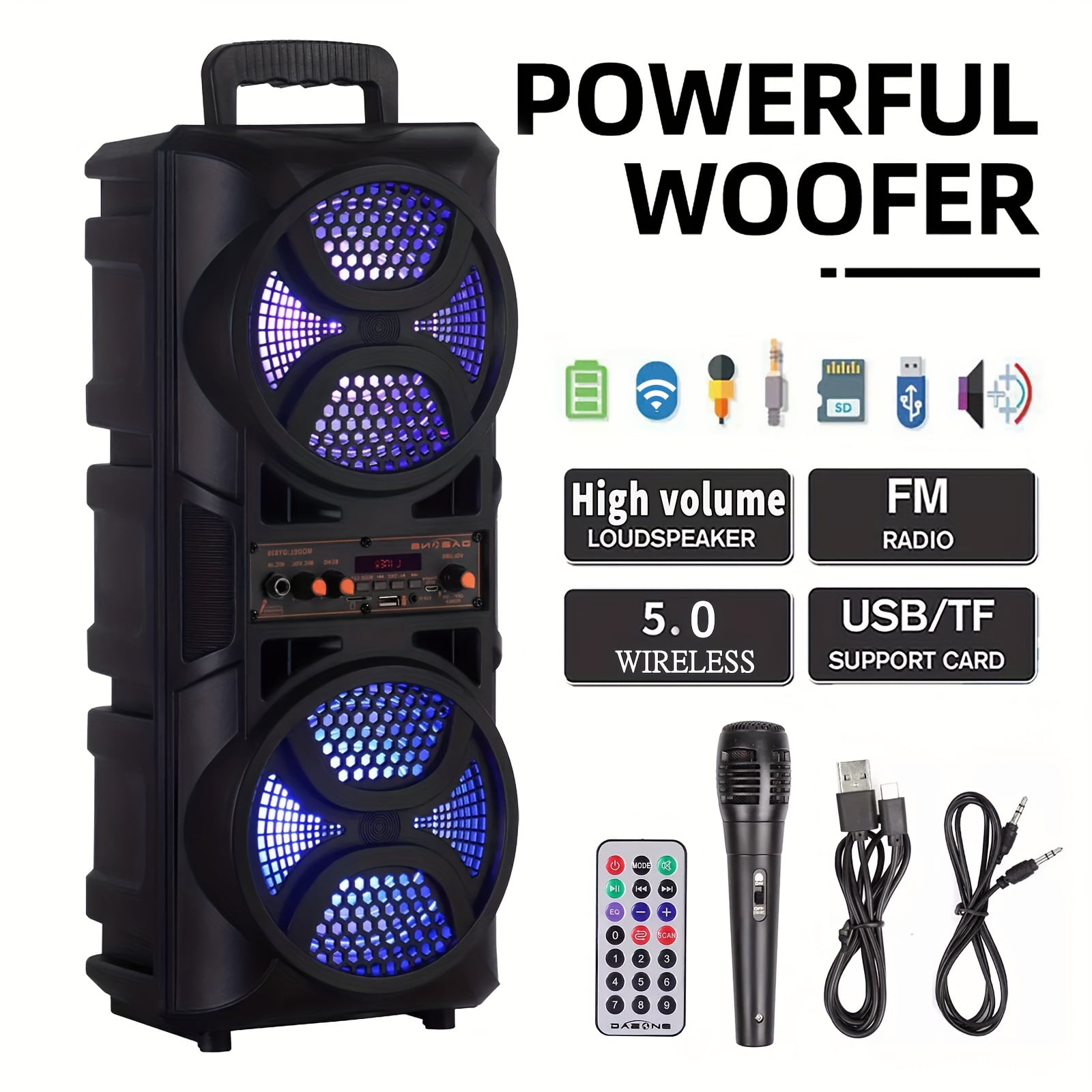3000W Portable Wireless Speaker with Double 12'' Subwoofer, Heavy Bass, LED Lights, FM Radio, 33ft Range for Outdoor Party Travel
