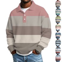 Long Sleeve Polo Shirts for Men Waffle Henley Shirts with Collar Oversized Casual Button Up Shirt Golf Polo Shirt Pink 3XL