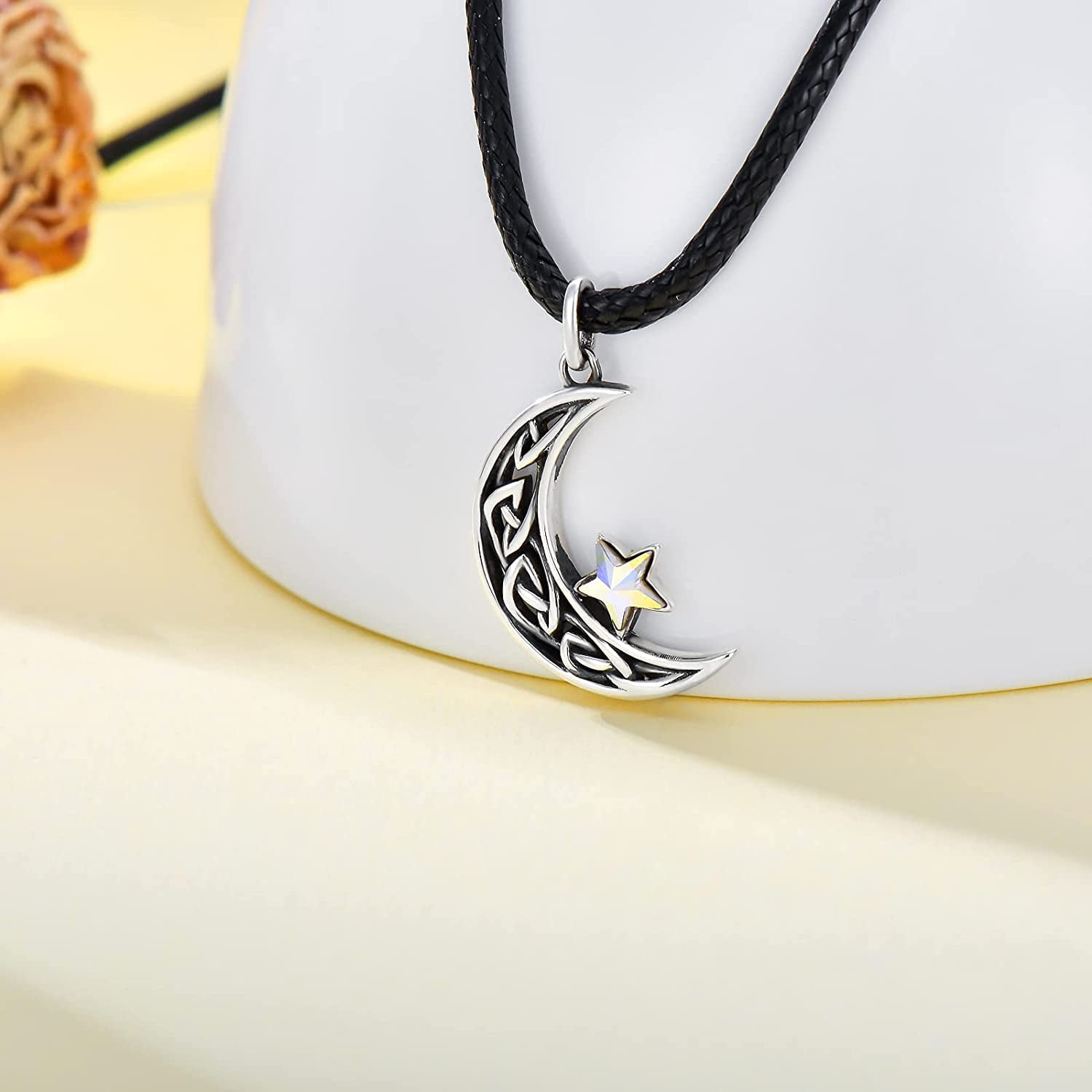 AOBOCO Sterling Silver Crescent Necklace with Leather Chain Anniversary Birthday Mothers Day Gifts Jewelry Gifts for Women