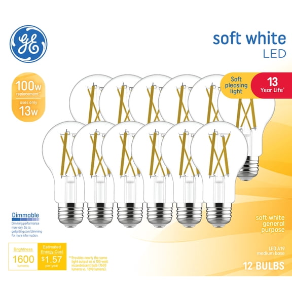 GE General Purpose Bulbs A19 LED Light Bulbs, 100 Watt Replacement, Soft White (12 Pack)
