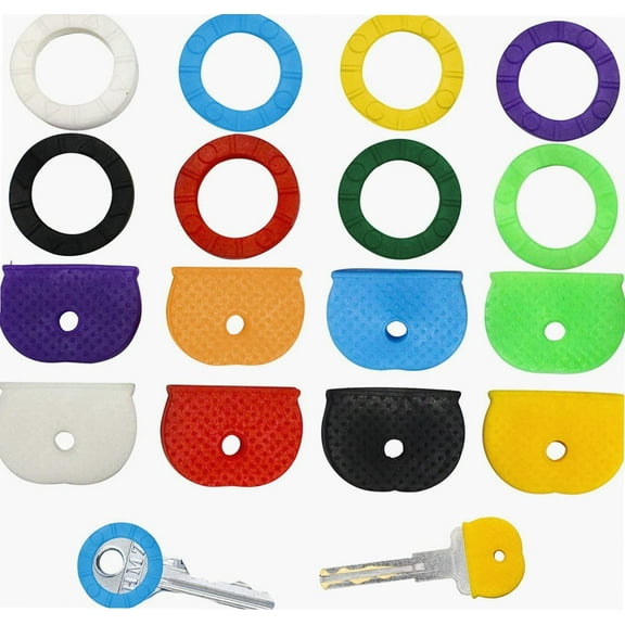 16PCS Key Caps Cover Set, Square & Round Key Covers Soft Rubber Key Covers Tags Key Identifier Coding Label Covers Flexible Key Topper Identifier in 8 Assorted Colors for Easy Identifying