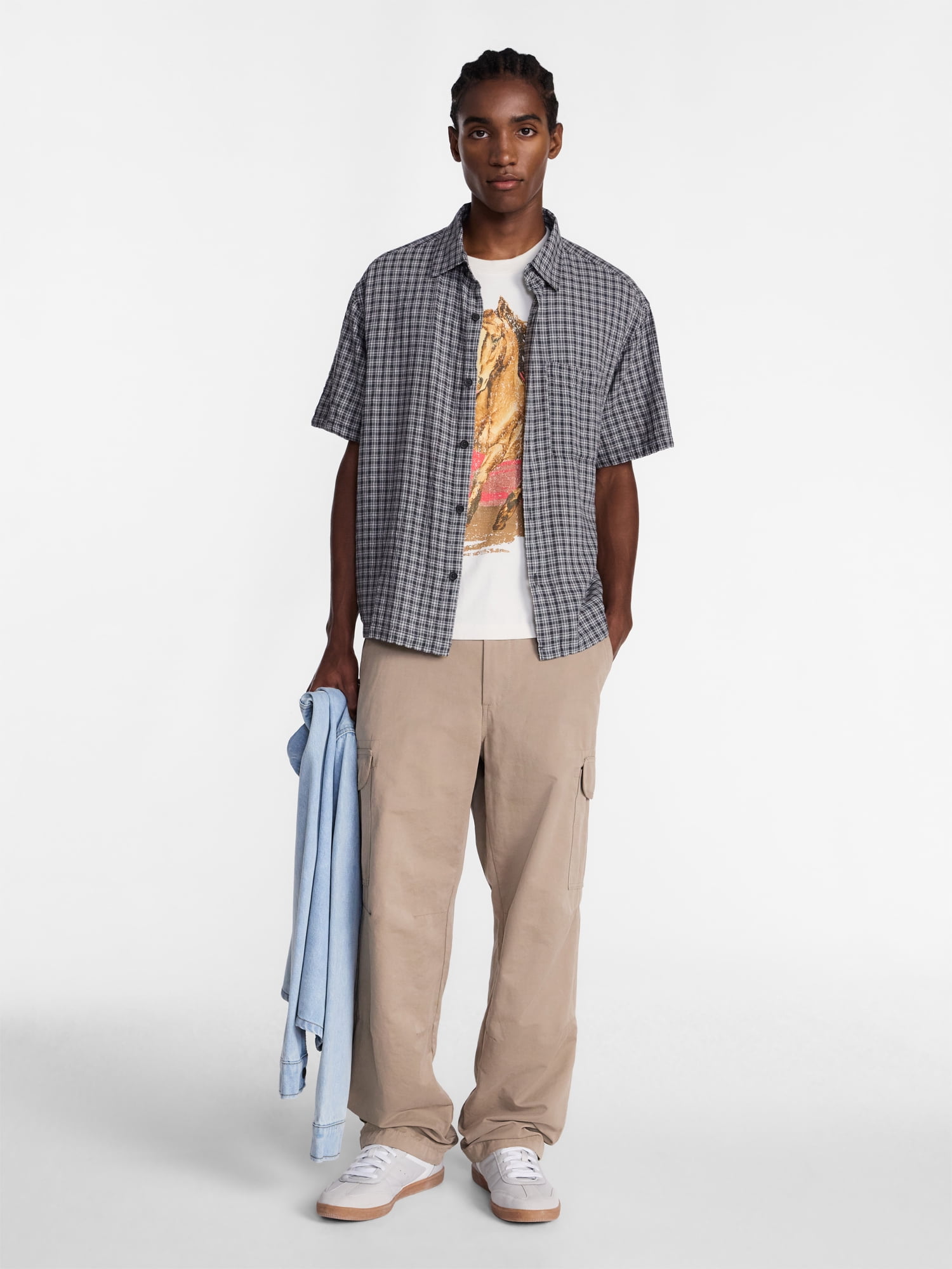 No Boundaries Plaid Shirt with Short Sleeves, Men's XS-5XB